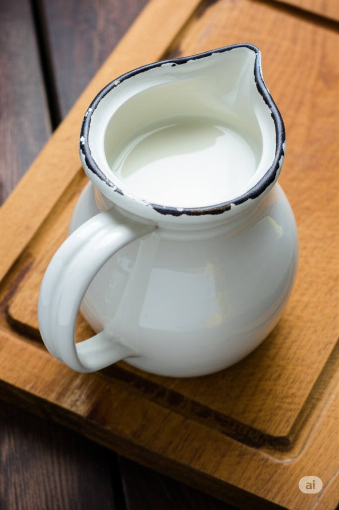 A glass bottle of fresh goat milk with a rustic background.